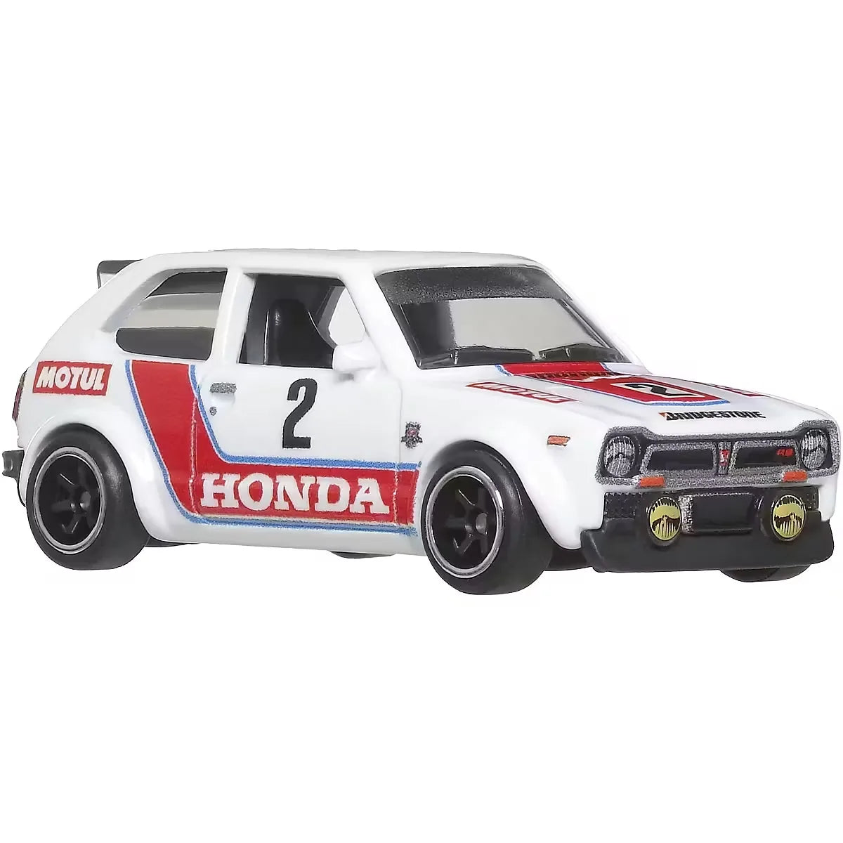 Hot Wheels 1:64 '73 Honda Civic Custom with Aero Lift Team Transport #80 JBM36 FLF56 featuring Honda racing livery, Real Riders tires, and Metal Metal construction.