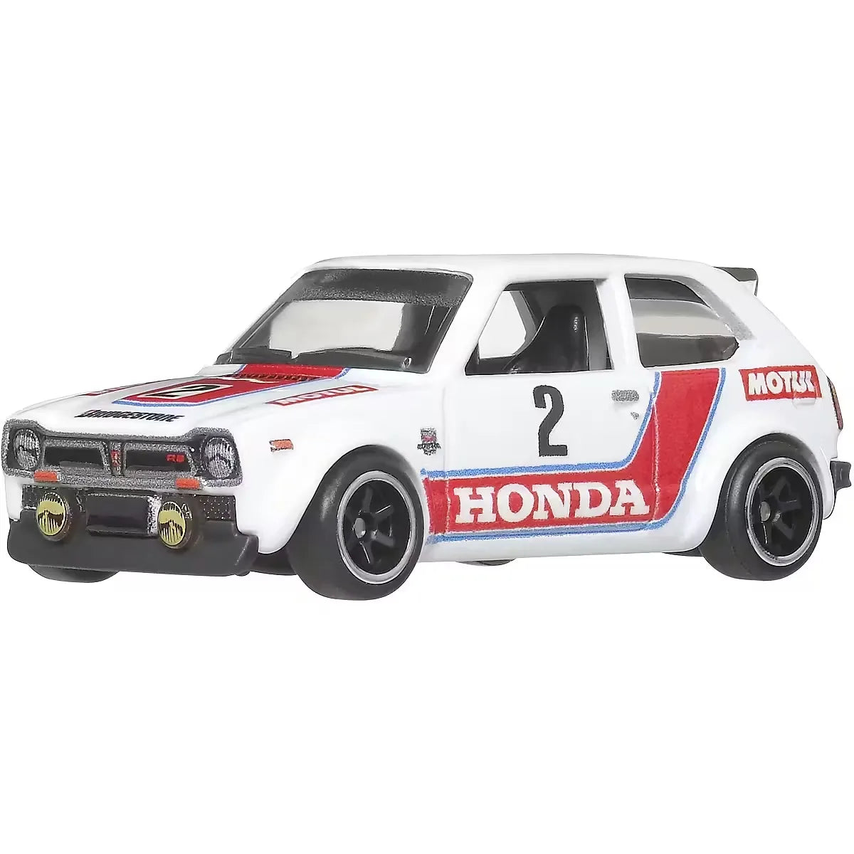 Hot Wheels 1:64 '73 Honda Civic Custom with Aero Lift Team Transport #80 JBM36 FLF56 featuring Honda racing livery, Real Riders tires, and Metal Metal construction.