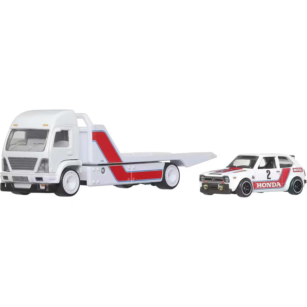 Hot Wheels 1:64 '73 Honda Civic Custom with Aero Lift Team Transport #80 JBM36 FLF56 featuring Honda racing livery, Real Riders tires, and Metal Metal construction.