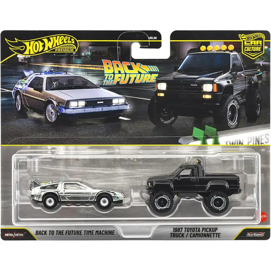Hot Wheels Premium Car Culture 2-Pack featuring the Back to the Future Time Machine and 1987 Toyota Pickup Truck die-cast collectible models with premium detailing.