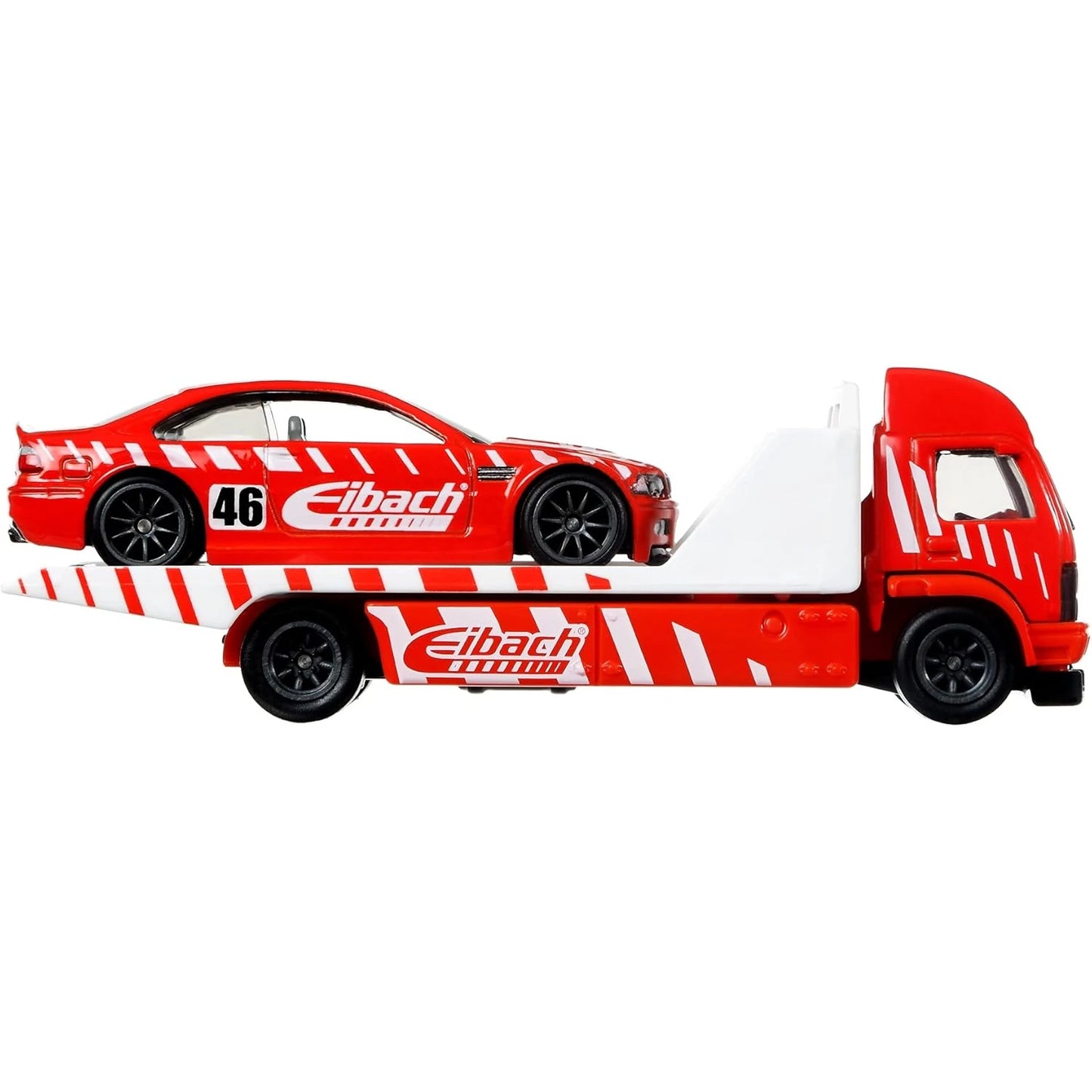 Hot Wheels 1:64 BMW M3 E46 with Aero Lift Team Transport #29 in red Eibach racing livery with Real Riders tires.