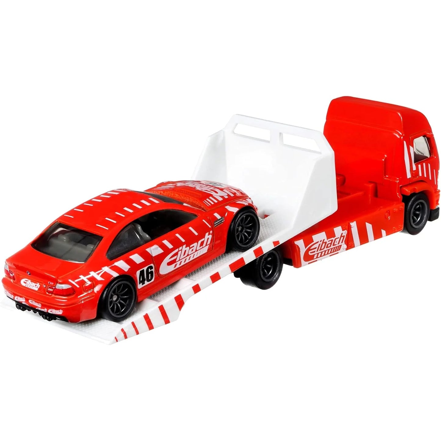 Hot Wheels 1:64 BMW M3 E46 with Aero Lift Team Transport #29 in red Eibach racing livery with Real Riders tires.