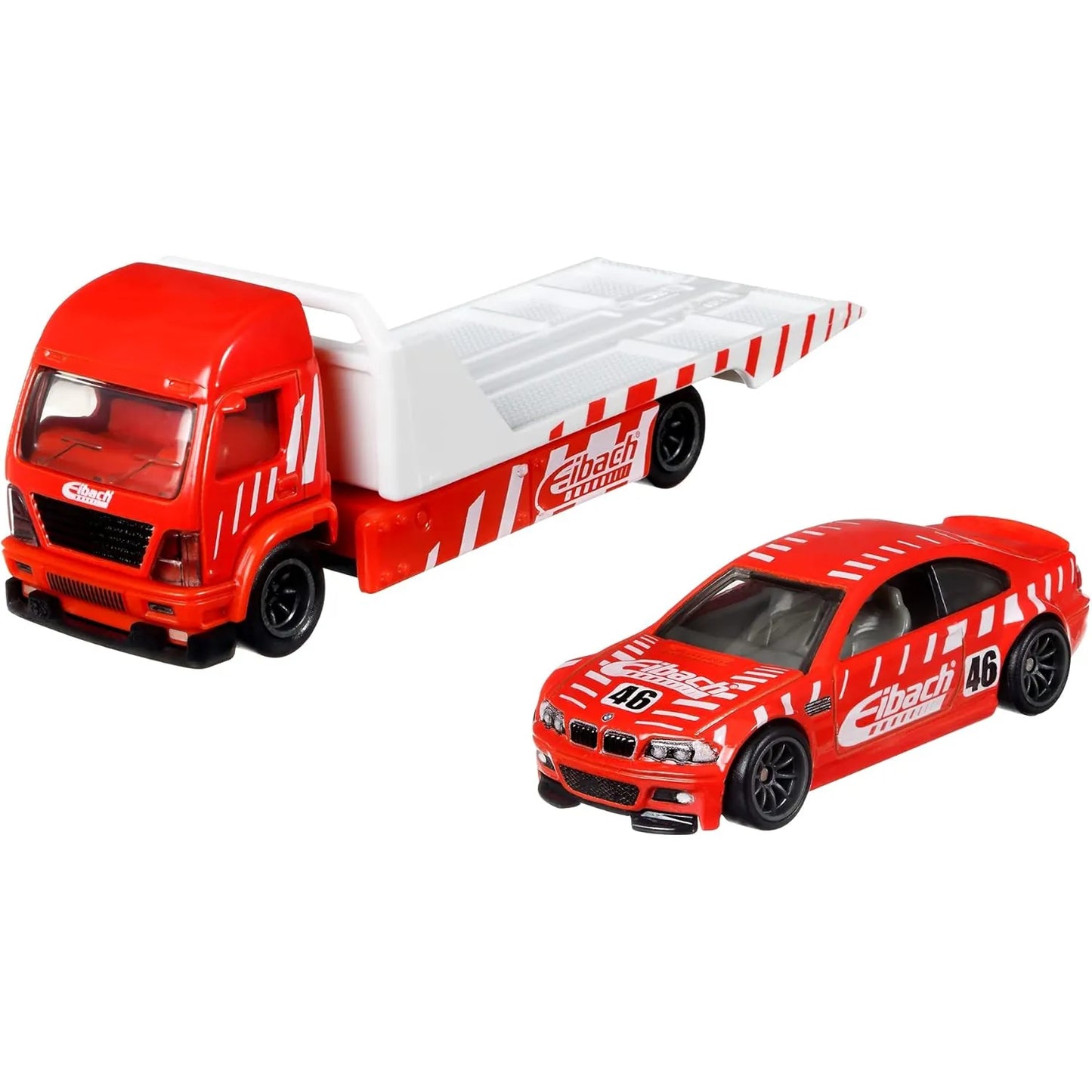 Hot Wheels 1:64 BMW M3 E46 with Aero Lift Team Transport #29 in red Eibach racing livery with Real Riders tires.