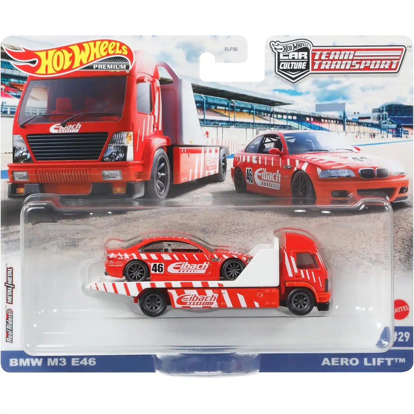 Hot Wheels 1:64 BMW M3 E46 with Aero Lift Team Transport #29 in red Eibach racing livery with Real Riders tires.