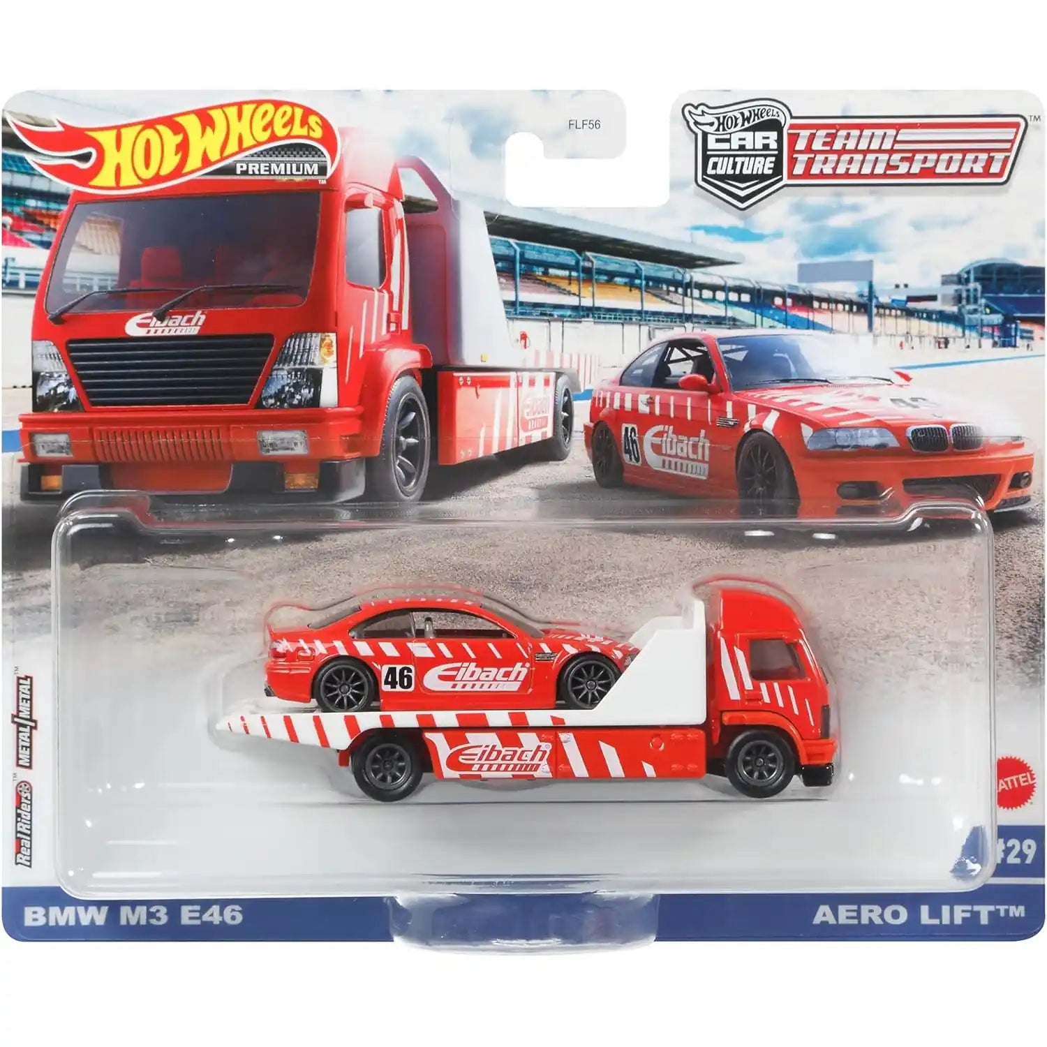 Hot Wheels 1:64 BMW M3 E46 with Aero Lift Team Transport #29 in red Eibach racing livery with Real Riders tires.