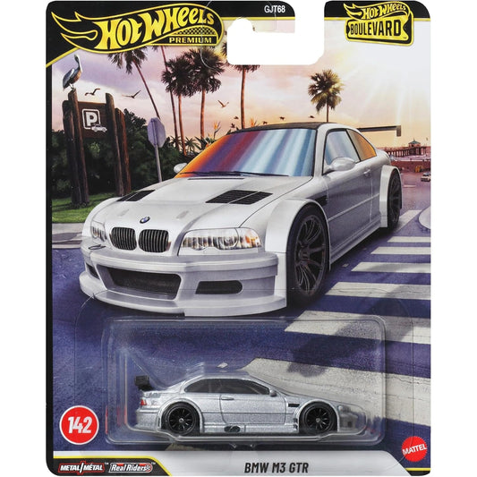 Hot Wheels 1:64 BMW M3 GTR Silver Boulevard #142 premium die-cast model with Real Riders wheels and Metal Metal construction.