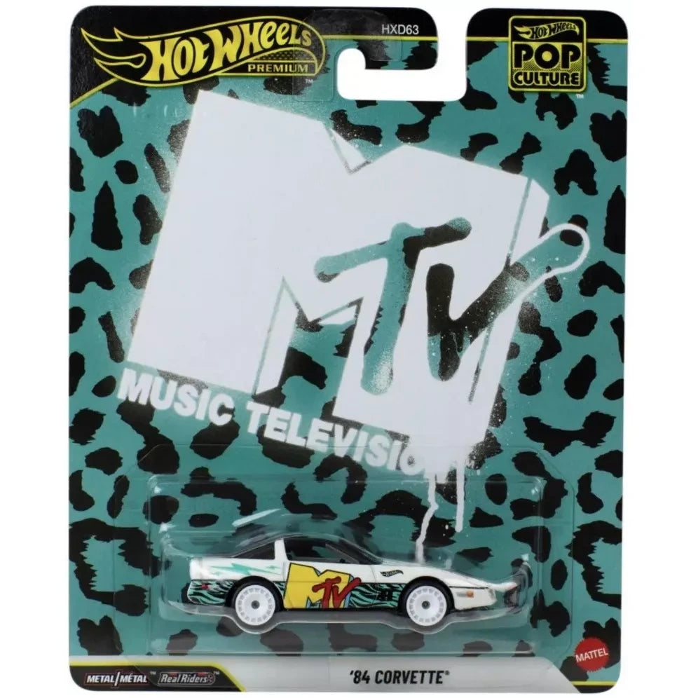 Hot Wheels 1984 Chevrolet Corvette MTV Pop Culture Premium 1:64 die-cast collectible with themed graphics.