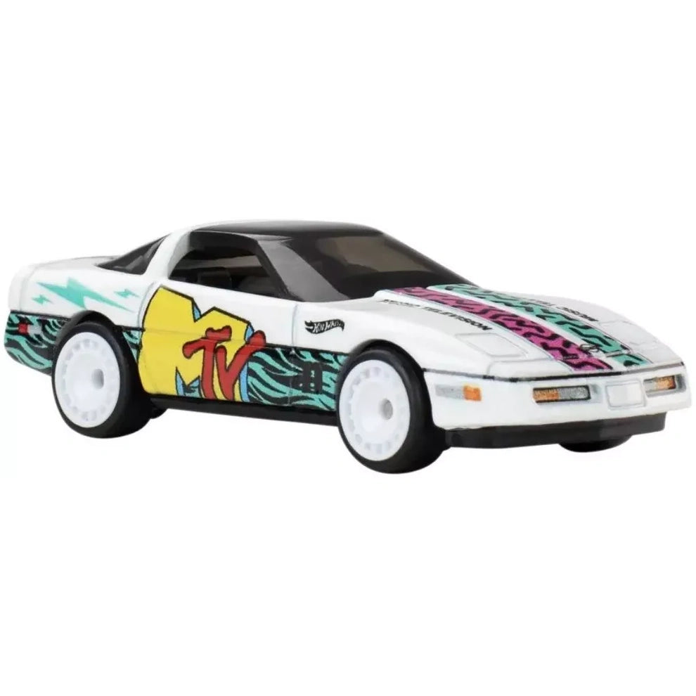 Hot Wheels 1984 Chevrolet Corvette MTV Pop Culture Premium 1:64 die-cast collectible with themed graphics.
