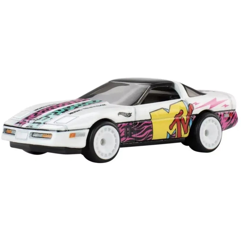 Hot Wheels 1984 Chevrolet Corvette MTV Pop Culture Premium 1:64 die-cast collectible with themed graphics.