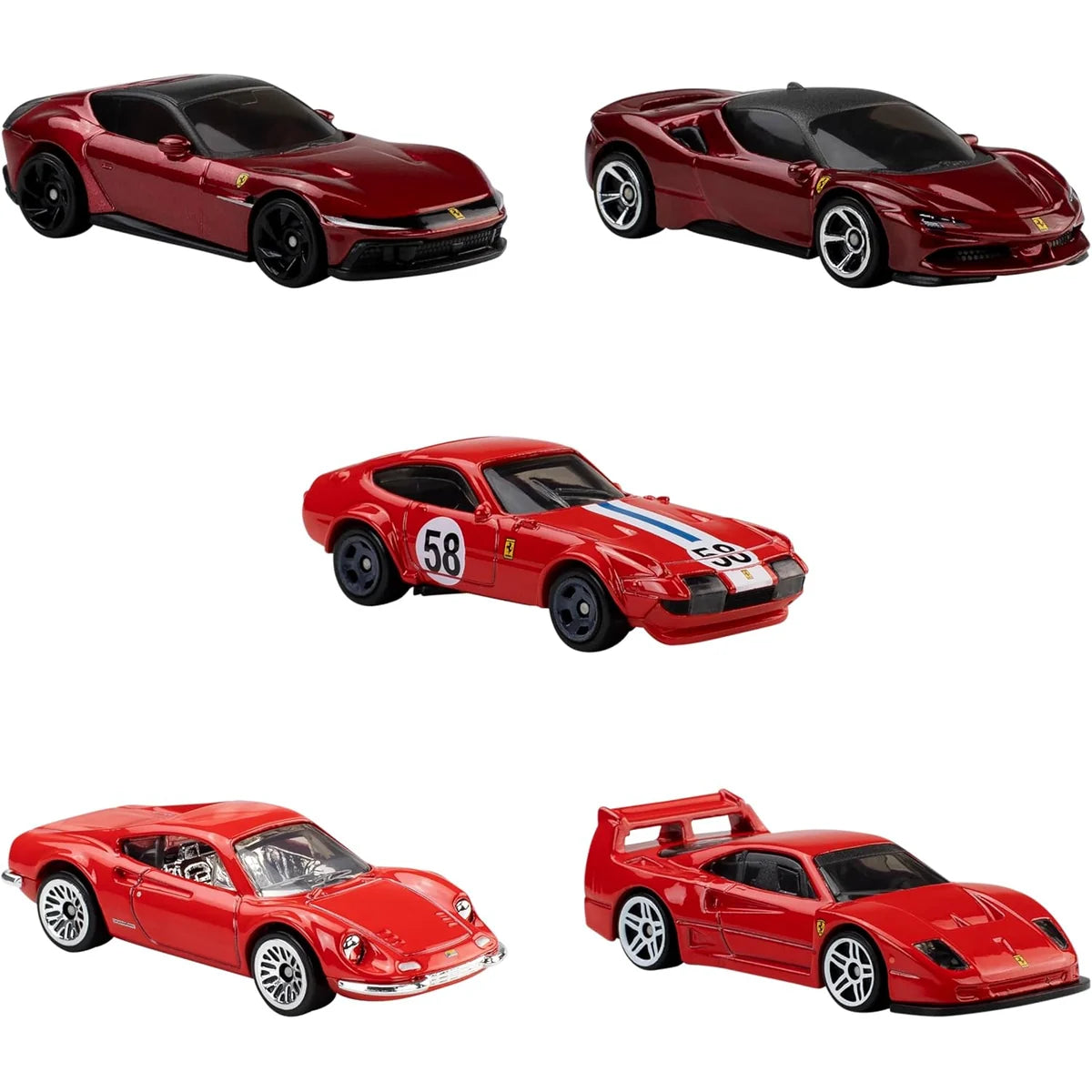 Hot Wheels 1:64 Ferrari 5-Pack 2026 featuring Ferrari 365 GTB4 C, SF90 Stradale, Dino 206 GT, 12Cilindri and F40 Competizione die-cast cars.
