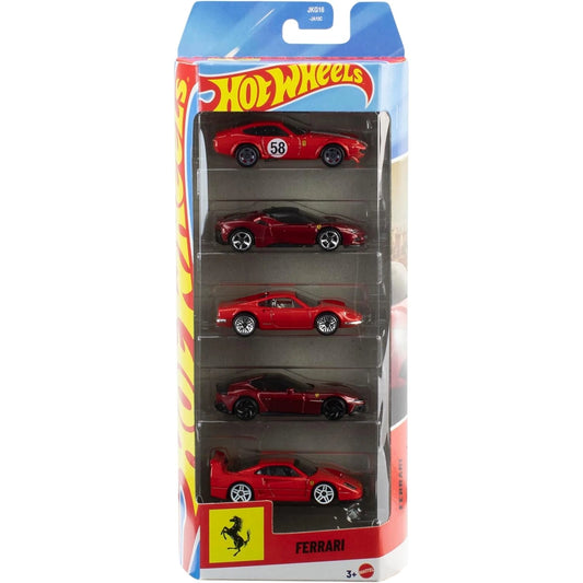 Hot Wheels 1:64 Ferrari 5-Pack 2026 featuring Ferrari 365 GTB4 C, SF90 Stradale, Dino 206 GT, 12Cilindri and F40 Competizione die-cast cars.