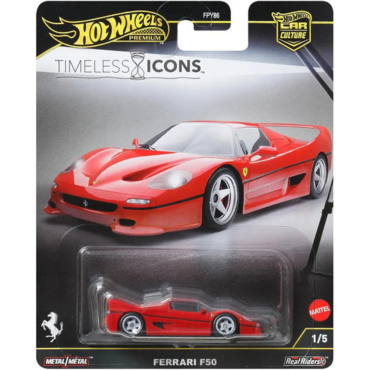 Hot Wheels Premium 1:64 Ferrari F50 red Car Culture Timeless Icons die-cast with Real Riders rubber tires.