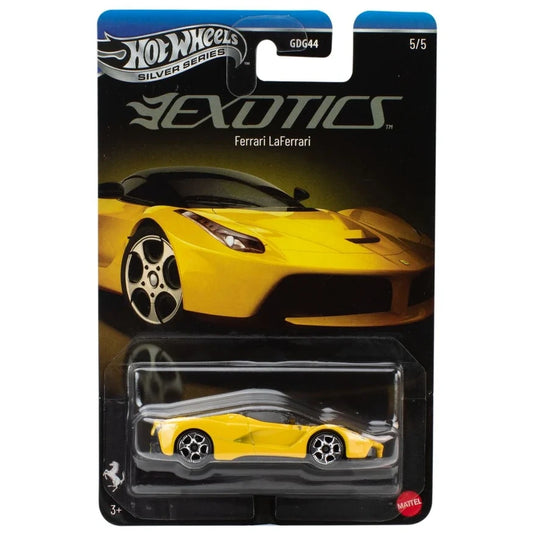 Hot Wheels 1:64 Ferrari LaFerrari yellow Silver Series Exotics 5/5 JKX80 die-cast model in original packaging