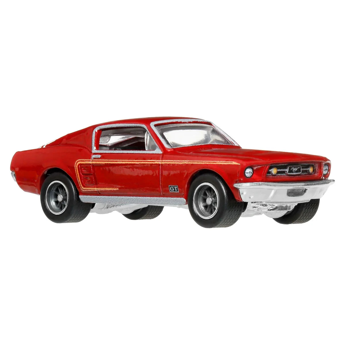 Hot Wheels 1:64 '67 Custom Personnalisé Mustang Premium Boulevard #149 JHW40 GJT68 die-cast model in metallic red with Real Riders wheels.