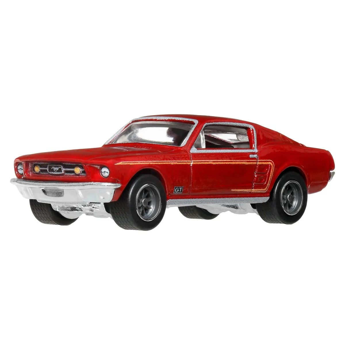 Hot Wheels 1:64 '67 Custom Personnalisé Mustang Premium Boulevard #149 JHW40 GJT68 die-cast model in metallic red with Real Riders wheels.
