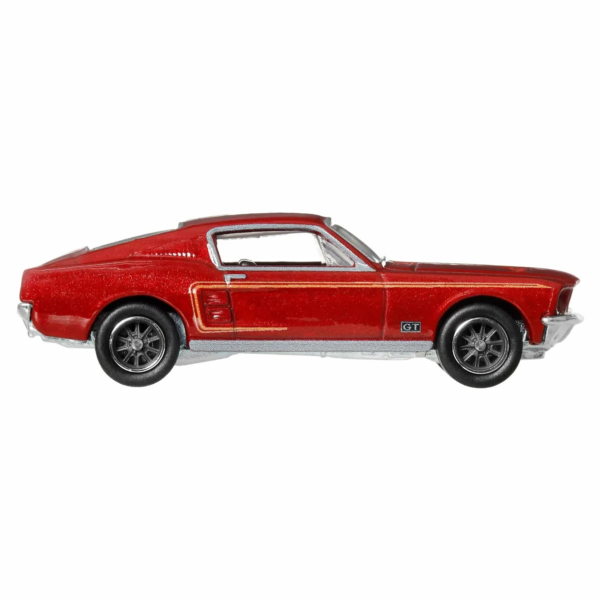 Hot Wheels 1:64 '67 Custom Personnalisé Mustang Premium Boulevard #149 JHW40 GJT68 die-cast model in metallic red with Real Riders wheels.