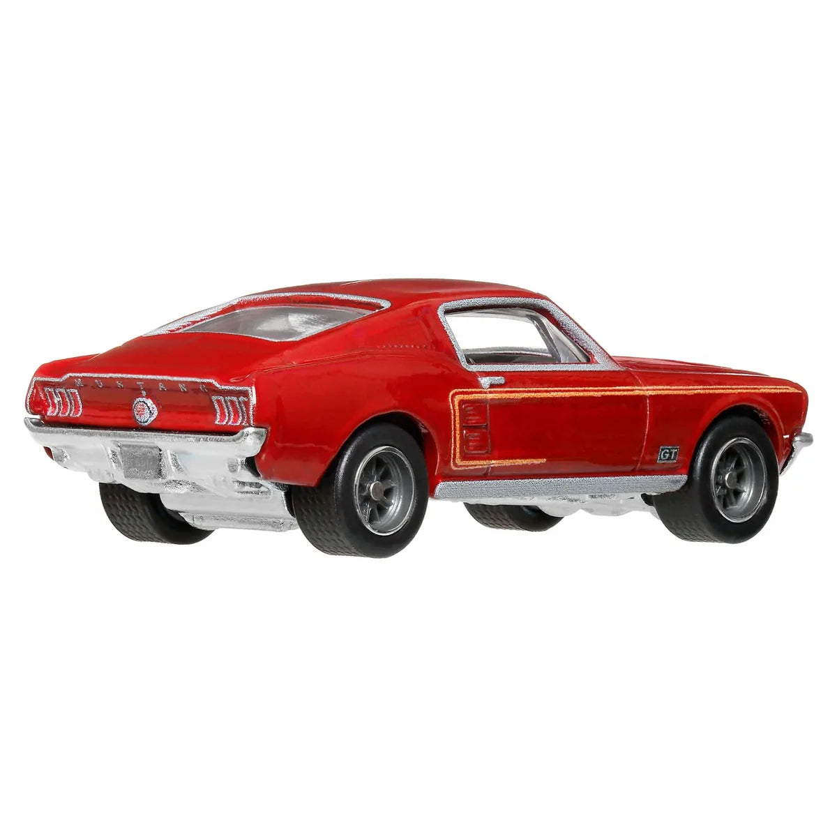Hot Wheels 1:64 '67 Custom Personnalisé Mustang Premium Boulevard #149 JHW40 GJT68 die-cast model in metallic red with Real Riders wheels.