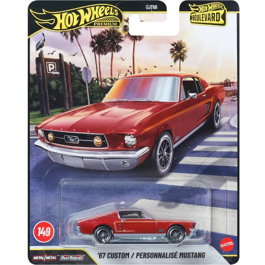 Hot Wheels 1:64 '67 Custom Personnalisé Mustang Premium Boulevard #149 JHW40 GJT68 die-cast model in metallic red with Real Riders wheels.