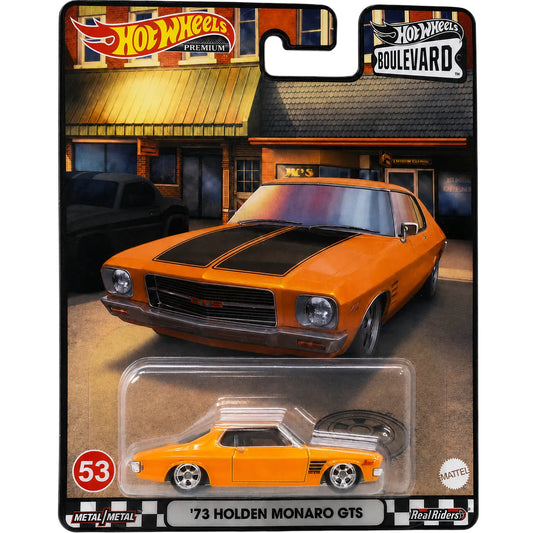 Hot Wheels 1:64 Premium Boulevard #53 1973 Holden Monaro GTS Orange die-cast with Real Riders wheels, Metal/Metal construction, factory sealed blister card.