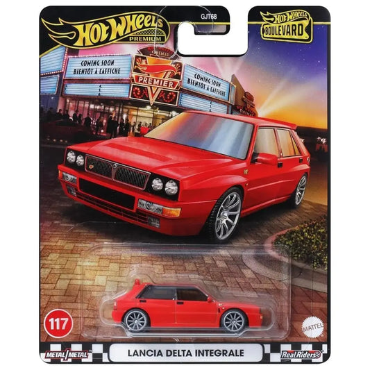 Hot Wheels 1:64 red Lancia Delta Integrale Boulevard #117 with silver wheels in blister packaging, JBL18