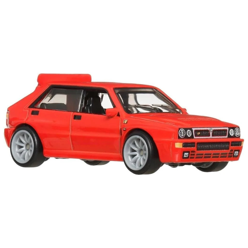 Hot Wheels 1:64 red Lancia Delta Integrale Boulevard #117 with silver wheels in blister packaging, JBL18