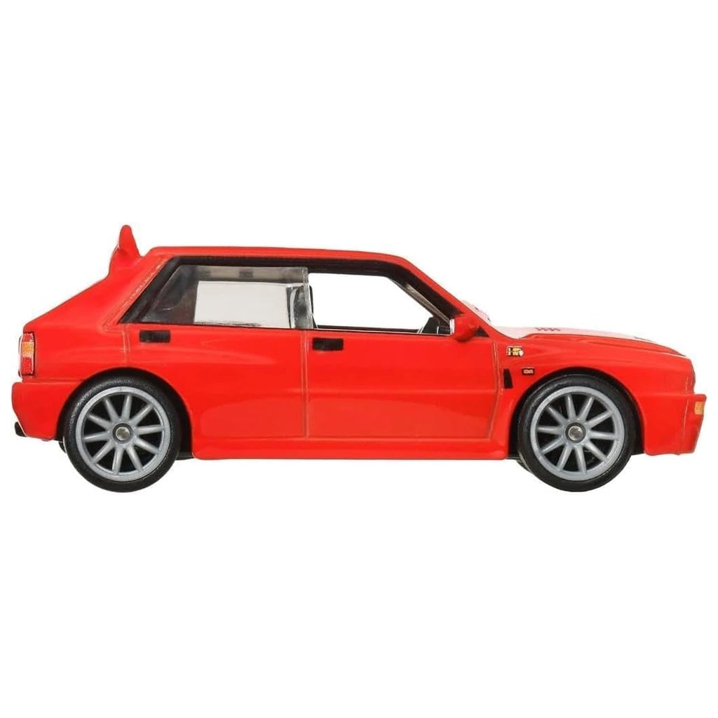 Hot Wheels 1:64 red Lancia Delta Integrale Boulevard #117 with silver wheels in blister packaging, JBL18