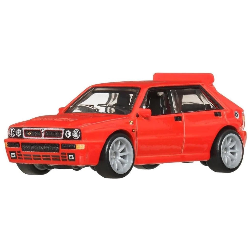 Hot Wheels 1:64 red Lancia Delta Integrale Boulevard #117 with silver wheels in blister packaging, JBL18