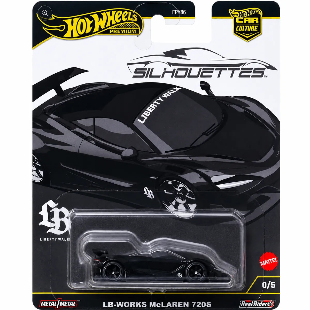 Hot Wheels Premium Car Culture Silhouettes LB-WORKS McLaren 720S black 0/5 die-cast with Real Riders tires and protector included.