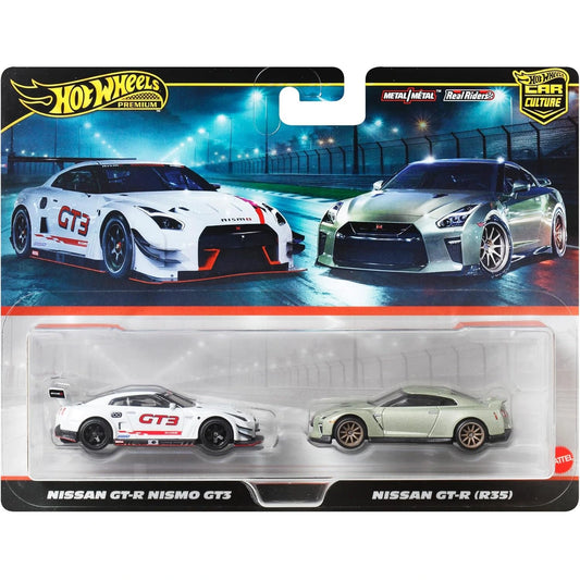 Hot Wheels Premium 2-Pack with Nissan GT-R NISMO GT3 and Nissan GT-R (R35) die-cast models from the Car Culture series.
