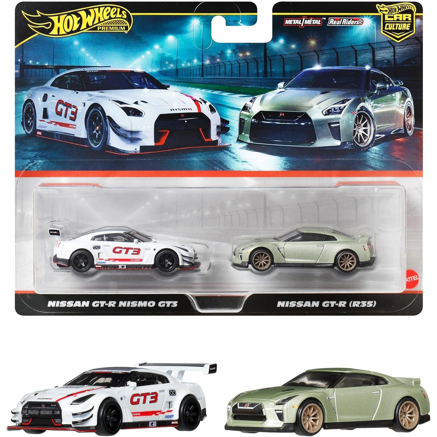Hot Wheels Premium 2-Pack with Nissan GT-R NISMO GT3 and Nissan GT-R (R35) die-cast models from the Car Culture series.