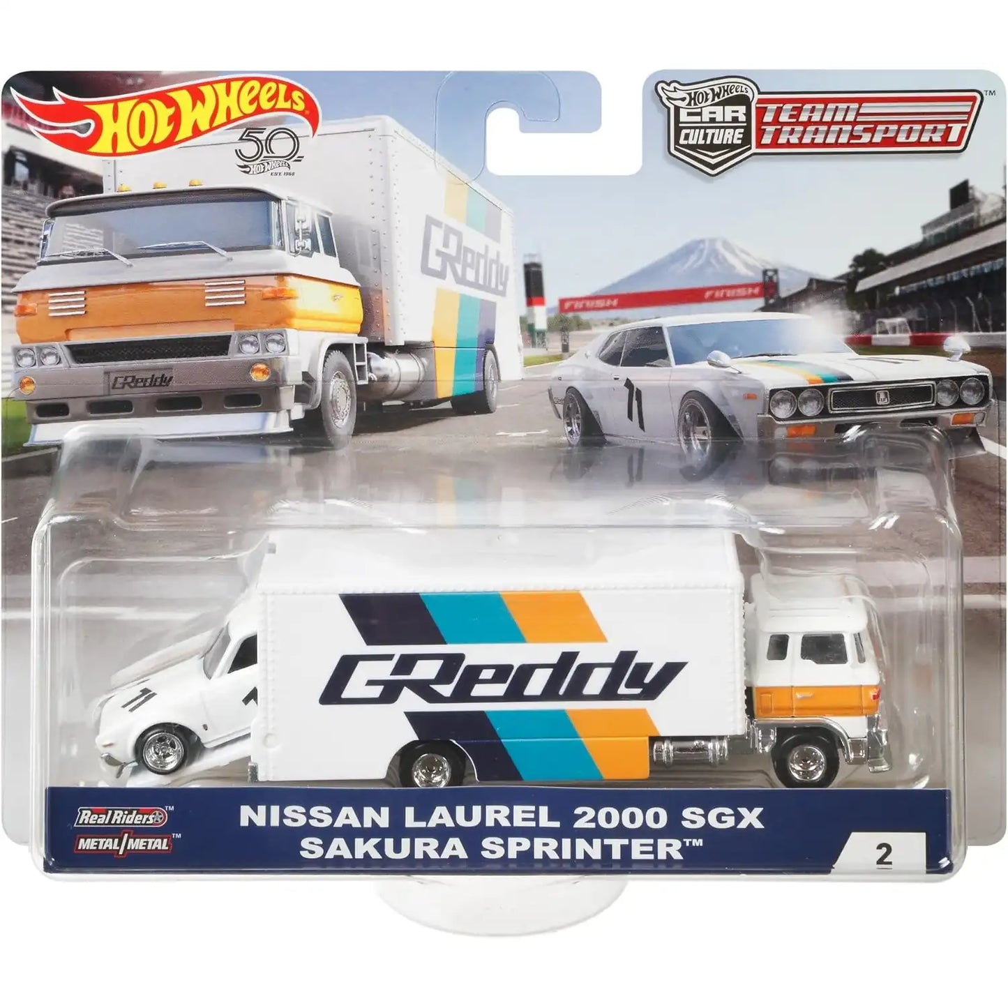 Hot Wheels 1:64 Nissan Laurel 2000 SGX and Sakura Sprinter GReddy Team Transport #2 FLF59 premium die-cast set.