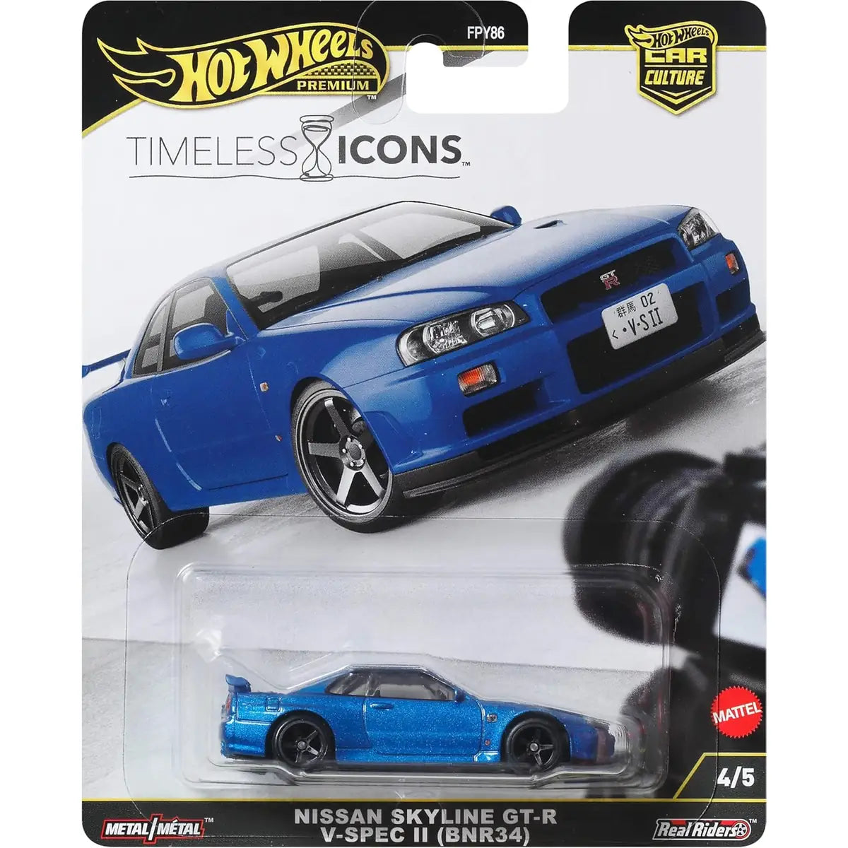 Hot Wheels Premium Car Culture Timeless Icons 1:64 Nissan Skyline GT-R V-Spec II BNR34 metallic blue die-cast with Real Riders tires.