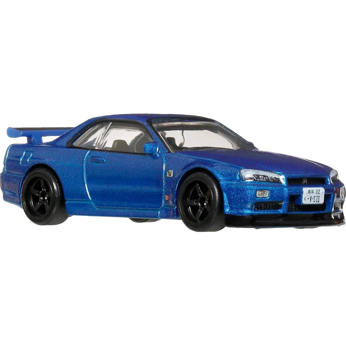 Hot Wheels Premium Car Culture Timeless Icons 1:64 Nissan Skyline GT-R V-Spec II BNR34 metallic blue die-cast with Real Riders tires.