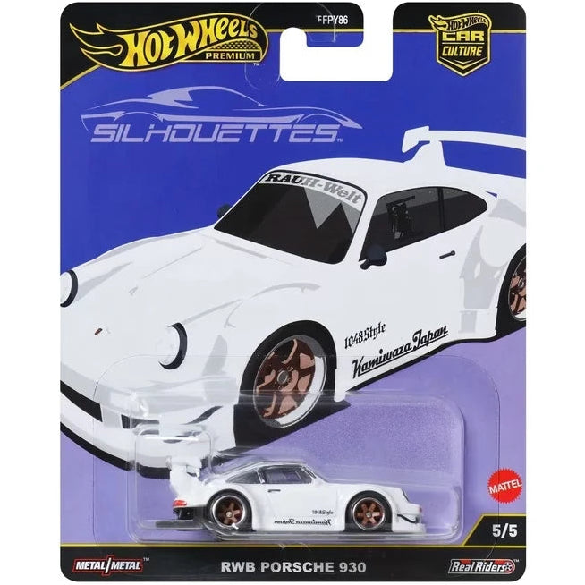 Hot Wheels 1:64 Premium Car Culture Silhouettes RWB Porsche 930 in white with RWB graphics and bronze wheels on unopened card.