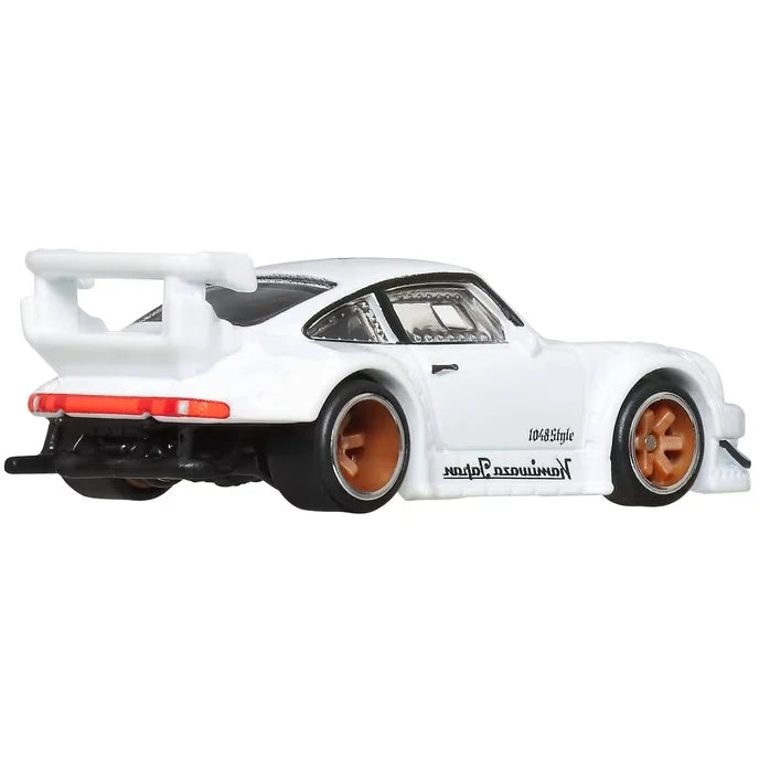 Hot Wheels 1:64 Premium Car Culture Silhouettes RWB Porsche 930 in white with RWB graphics and bronze wheels on unopened card.