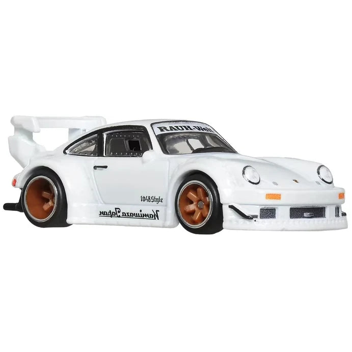 Hot Wheels 1:64 Premium Car Culture Silhouettes RWB Porsche 930 in white with RWB graphics and bronze wheels on unopened card.