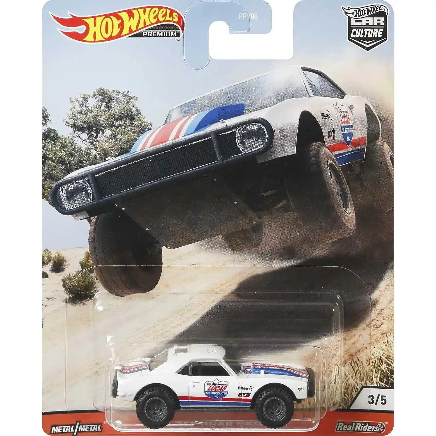 Hot Wheels Premium Car Culture Wild Terrain '67 Off Road Camaro Lucas Oil GJP89 1:64 die-cast with Real Riders wheels and Metal/Metal construction.