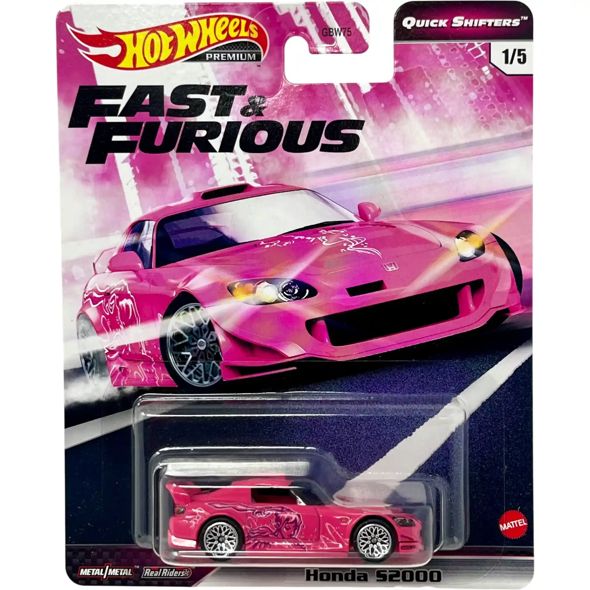 Hot Wheels Premium Fast & Furious Honda S2000 Suki Pink Quick Shifters 1/5 GBW75 with Real Riders rubber tires and Metal/Metal construction in 1:64 scale.