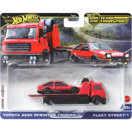 Hot Wheels Premium Team Transport #84 Toyota AE86 Sprinter Trueno with Fleet Street transporter JBM49 FLF56 1:64 die-cast collectible featuring Real Riders wheels and Metal Metal construction.