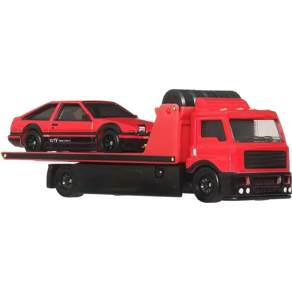 Hot Wheels Premium Team Transport #84 Toyota AE86 Sprinter Trueno with Fleet Street transporter JBM49 FLF56 1:64 die-cast collectible featuring Real Riders wheels and Metal Metal construction.