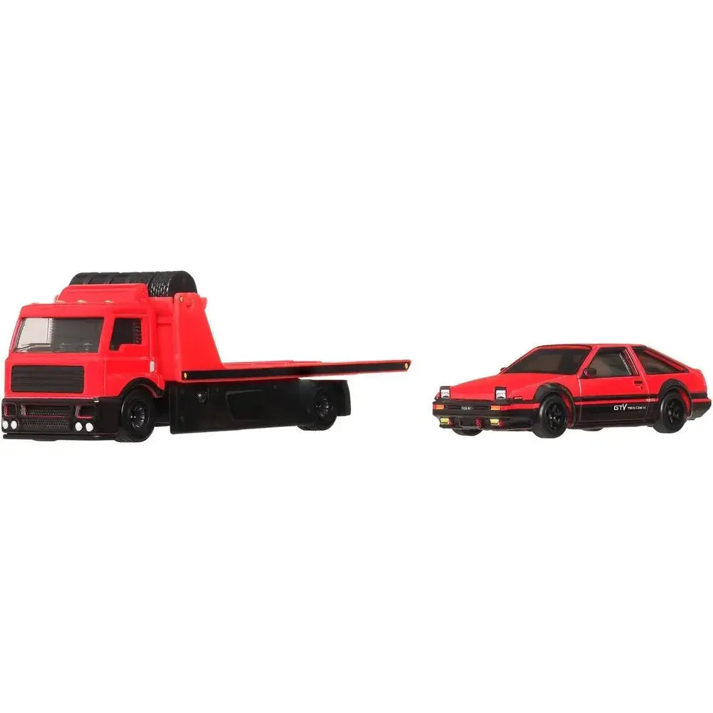 Hot Wheels Premium Team Transport #84 Toyota AE86 Sprinter Trueno with Fleet Street transporter JBM49 FLF56 1:64 die-cast collectible featuring Real Riders wheels and Metal Metal construction.