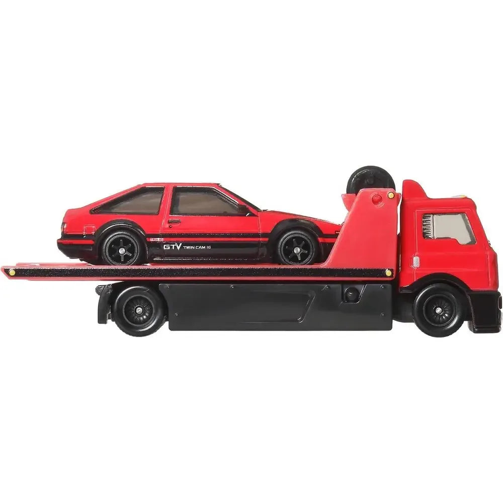 Hot Wheels Premium Team Transport #84 Toyota AE86 Sprinter Trueno with Fleet Street transporter JBM49 FLF56 1:64 die-cast collectible featuring Real Riders wheels and Metal Metal construction.