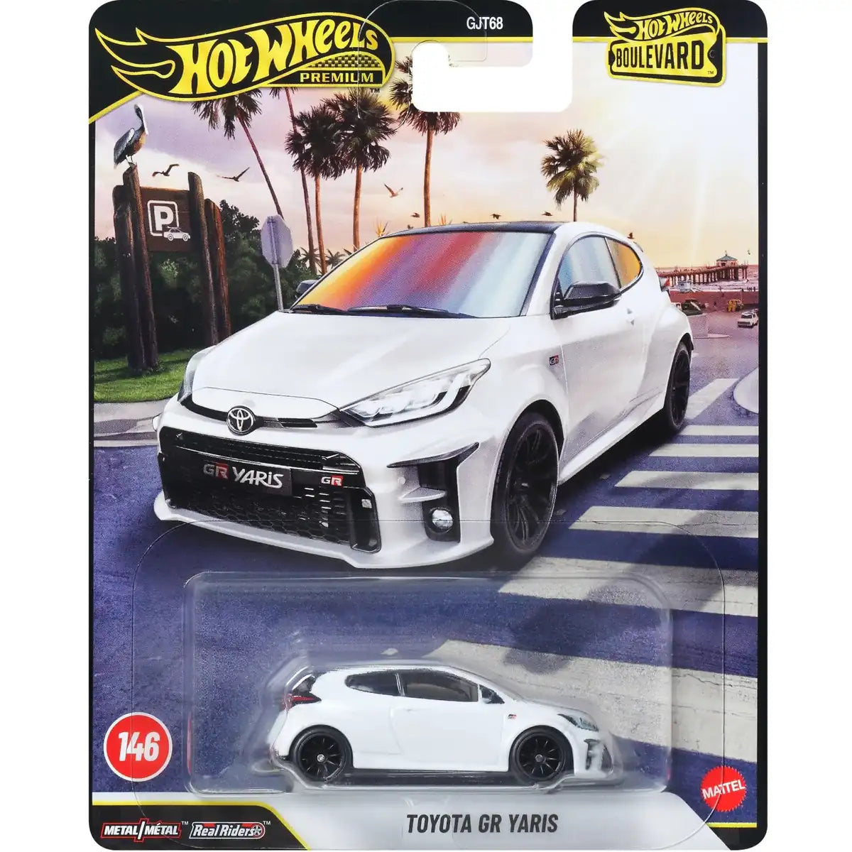 Hot Wheels 1:64 Toyota GR Yaris Premium Boulevard #146 JHW19 GJT68 die-cast model with Real Riders wheels and Metal/Metal construction.
