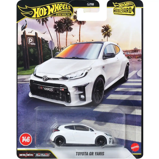 Hot Wheels 1:64 Toyota GR Yaris Premium Boulevard #146 JHW19 GJT68 die-cast model with Real Riders wheels and Metal/Metal construction.