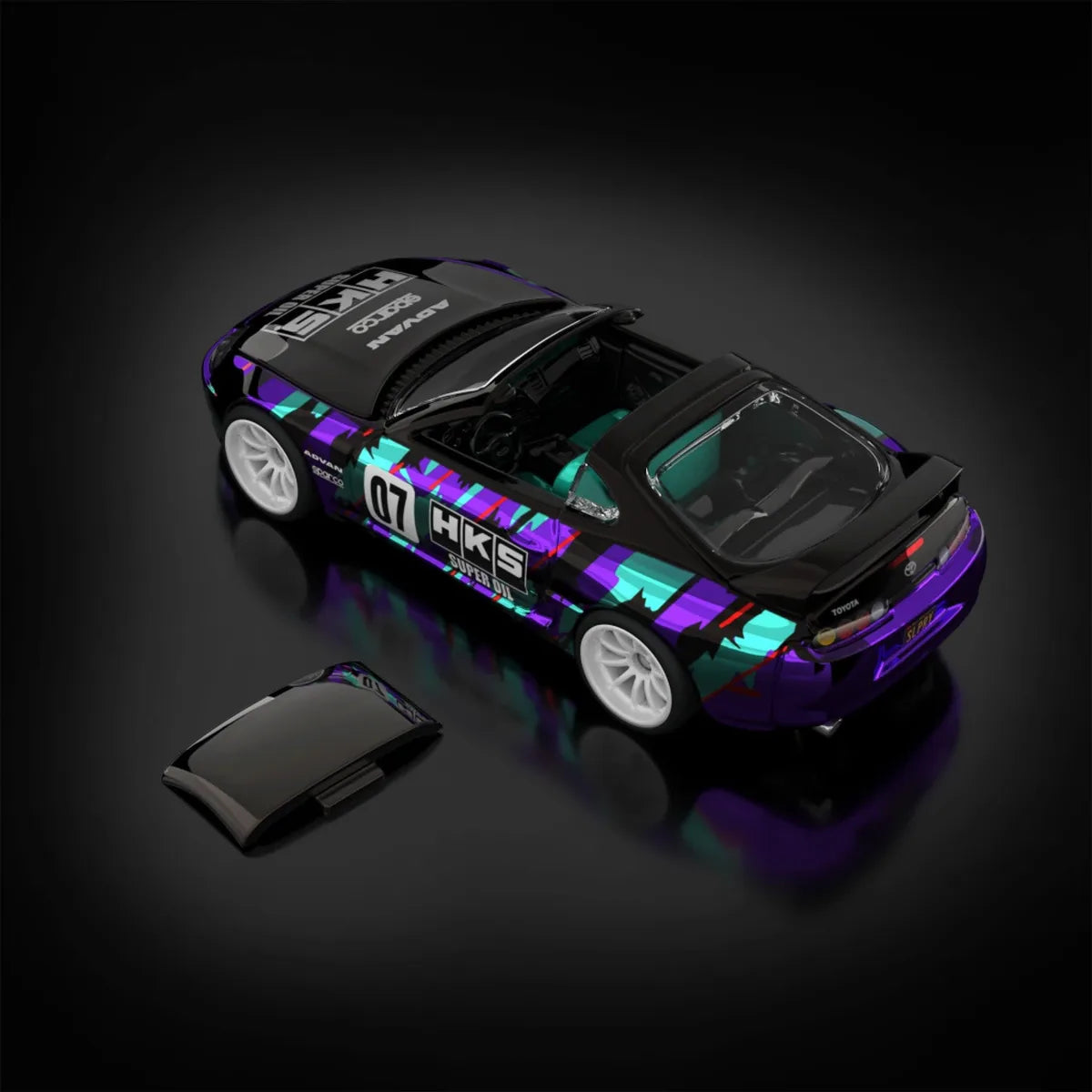 Hot Wheels RLC sELECTIONs Exclusive 1997 Toyota Supra in Spectraflame Dark Purple with Real Riders wheels and HKS Oil Splash graphics.