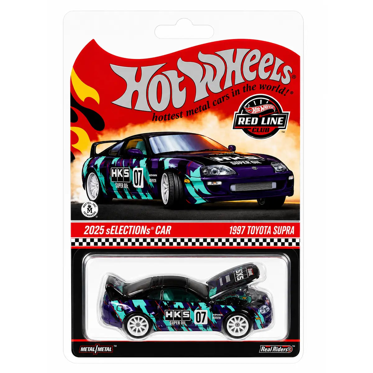 Hot Wheels RLC sELECTIONs Exclusive 1997 Toyota Supra in Spectraflame Dark Purple with Real Riders wheels and HKS Oil Splash graphics.