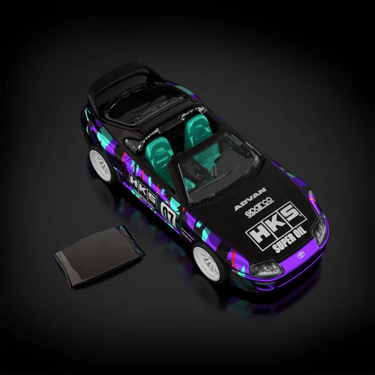 Hot Wheels RLC sELECTIONs Exclusive 1997 Toyota Supra in Spectraflame Dark Purple with Real Riders wheels and HKS Oil Splash graphics.