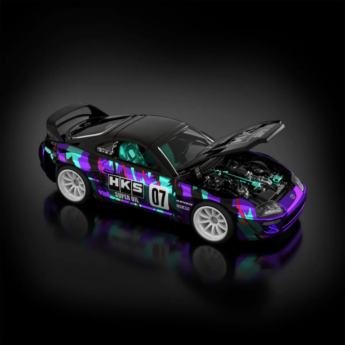 Hot Wheels RLC sELECTIONs Exclusive 1997 Toyota Supra in Spectraflame Dark Purple with Real Riders wheels and HKS Oil Splash graphics.