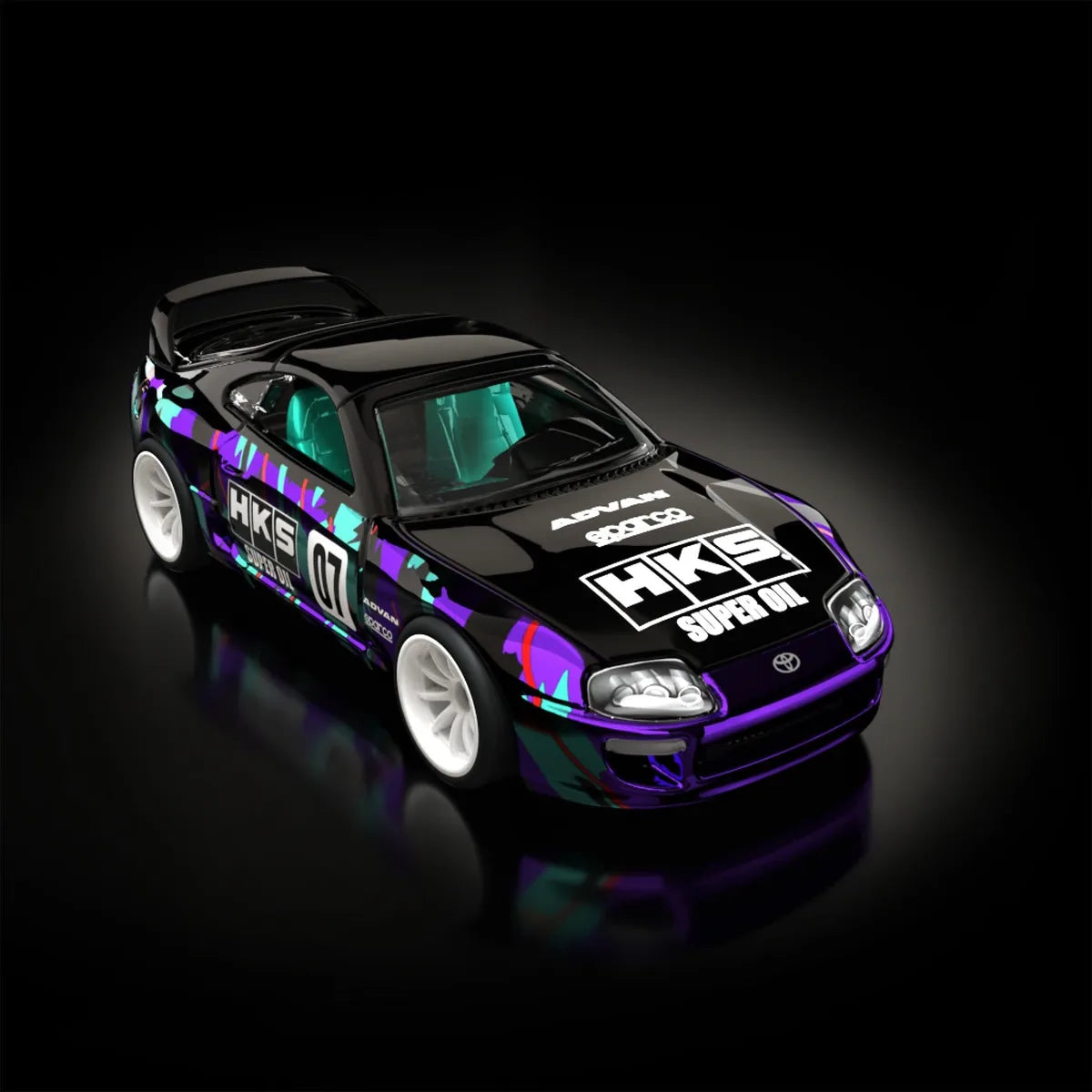 Hot Wheels RLC sELECTIONs Exclusive 1997 Toyota Supra in Spectraflame Dark Purple with Real Riders wheels and HKS Oil Splash graphics.