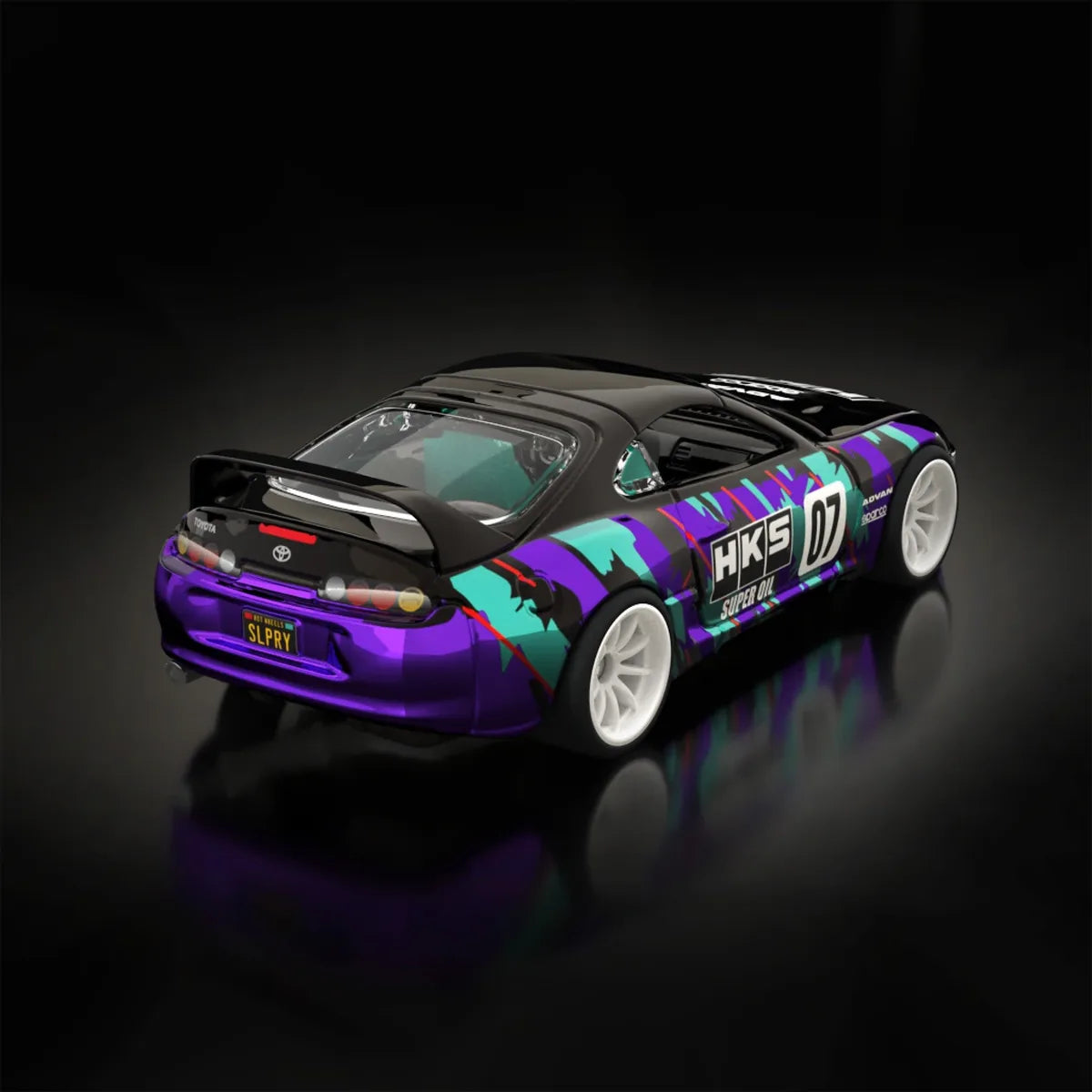 Hot Wheels RLC sELECTIONs Exclusive 1997 Toyota Supra in Spectraflame Dark Purple with Real Riders wheels and HKS Oil Splash graphics.